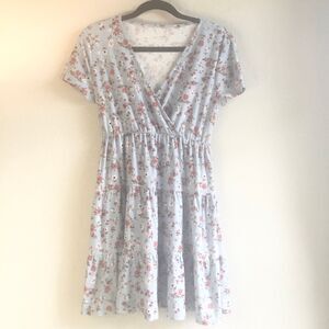 Blue v neck stretchy tie back rose print dress summer fairycore cottagecore M